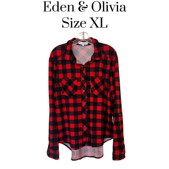 Eden & Olivia Red & black buffalo plaid buttondown long sleeve roll up sleeves - Picture 1 of 9